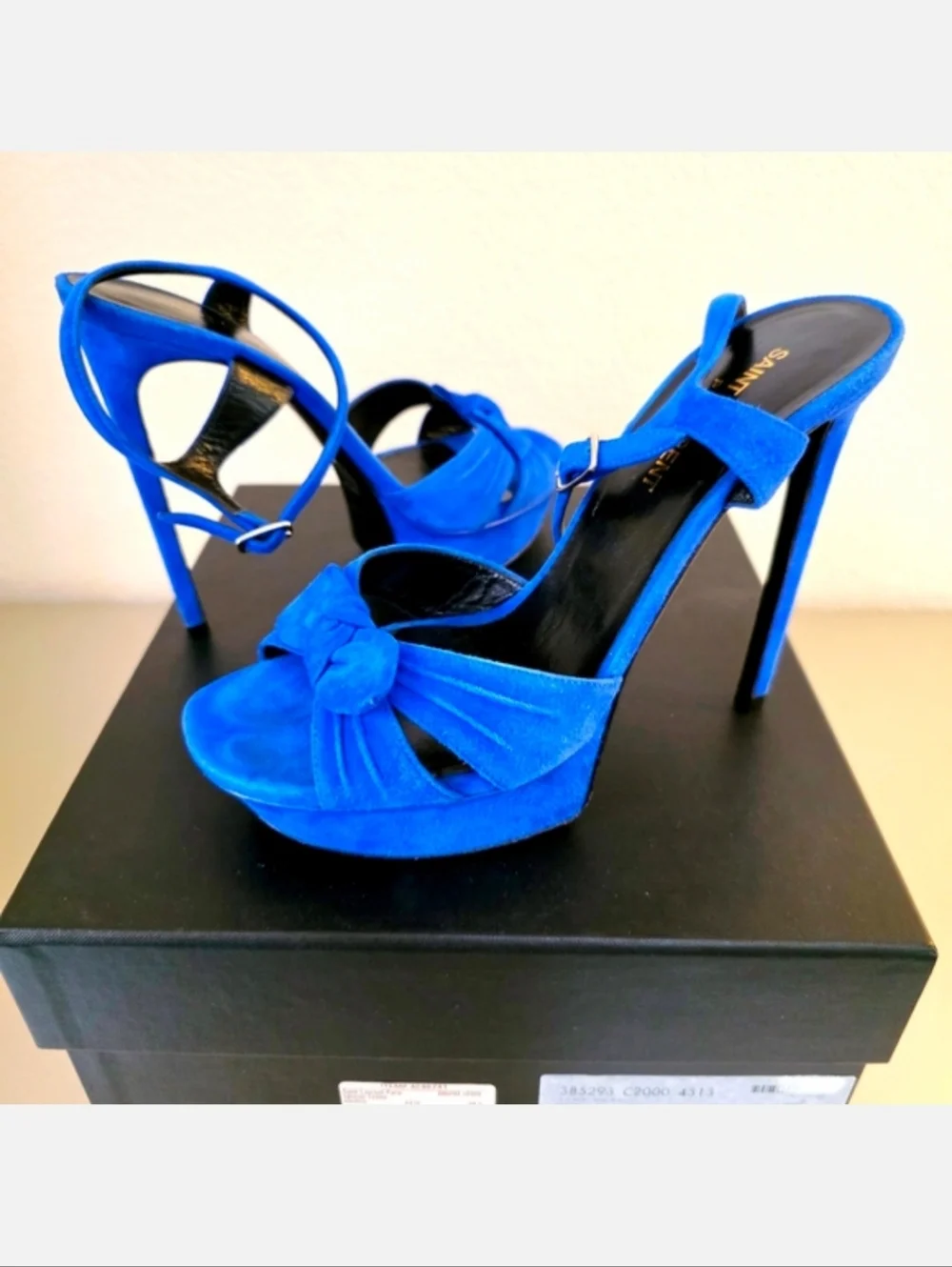 YSL Saint Laurent Blue Suede Platform Stiletto Ankle Strap Heels EU 38.5 / US 8 - Picture 3 of 13
